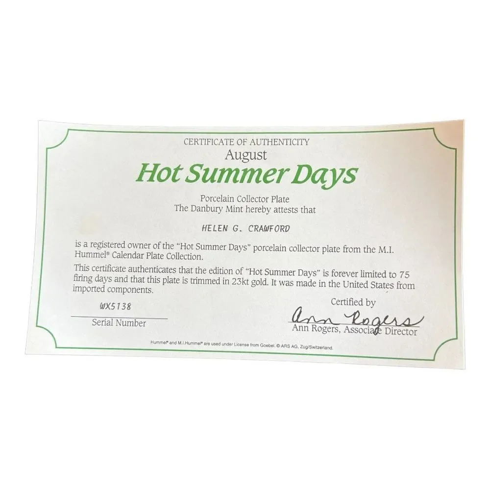 Danbury Mint Summer Stroll M.I. Hummel‎ July Calendar Plate Collection